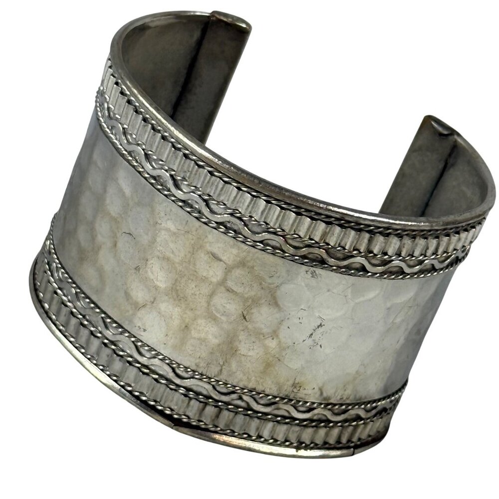 Wide Hammered Silver Tone Metal Cuff Bracelet Braided Textured Edging Boho